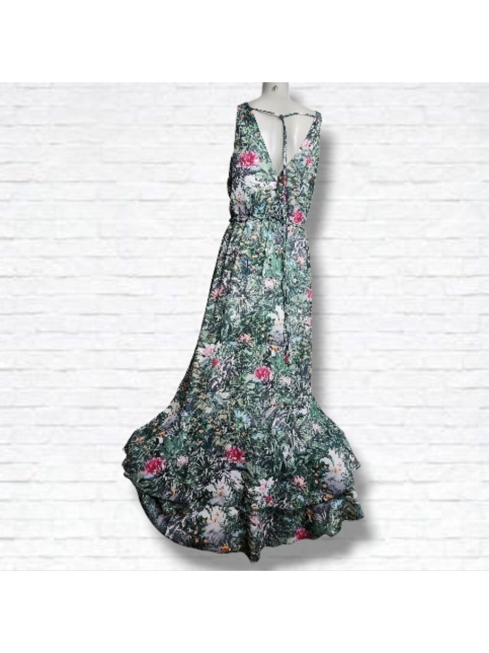 H&M Conscious Collection Green Tropical Print Floor Length Dress Size 10 - Picture 8 of 14
